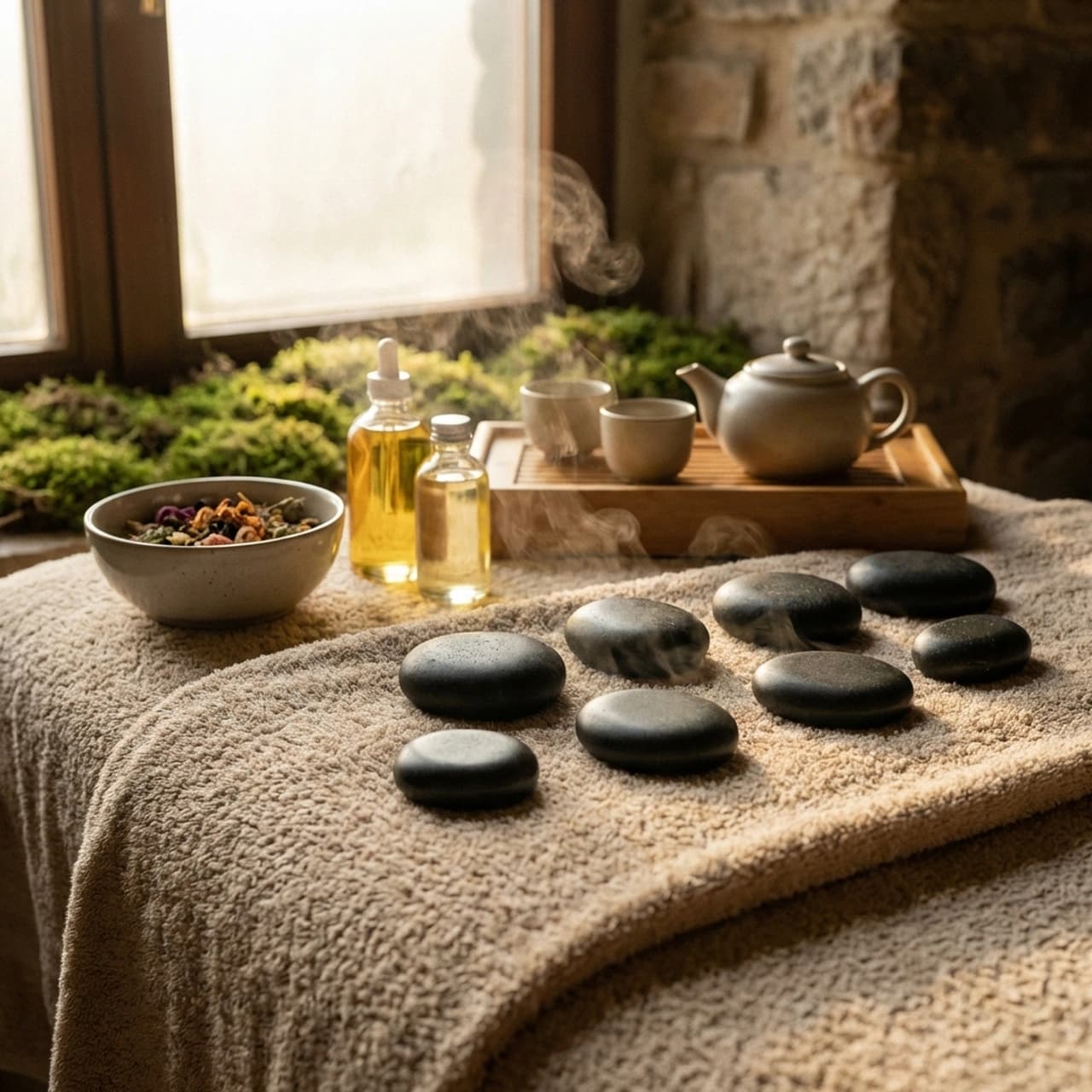 Relaxing hot stone massage spa setting